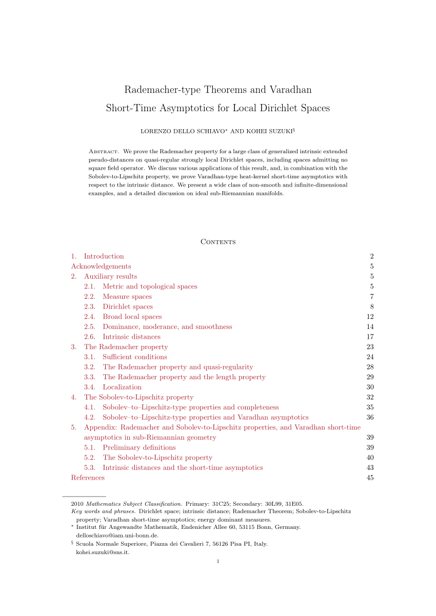 Pdf Rademacher Type Theorems And Varadhan Short Time Asymptotics For Local Dirichlet Spaces