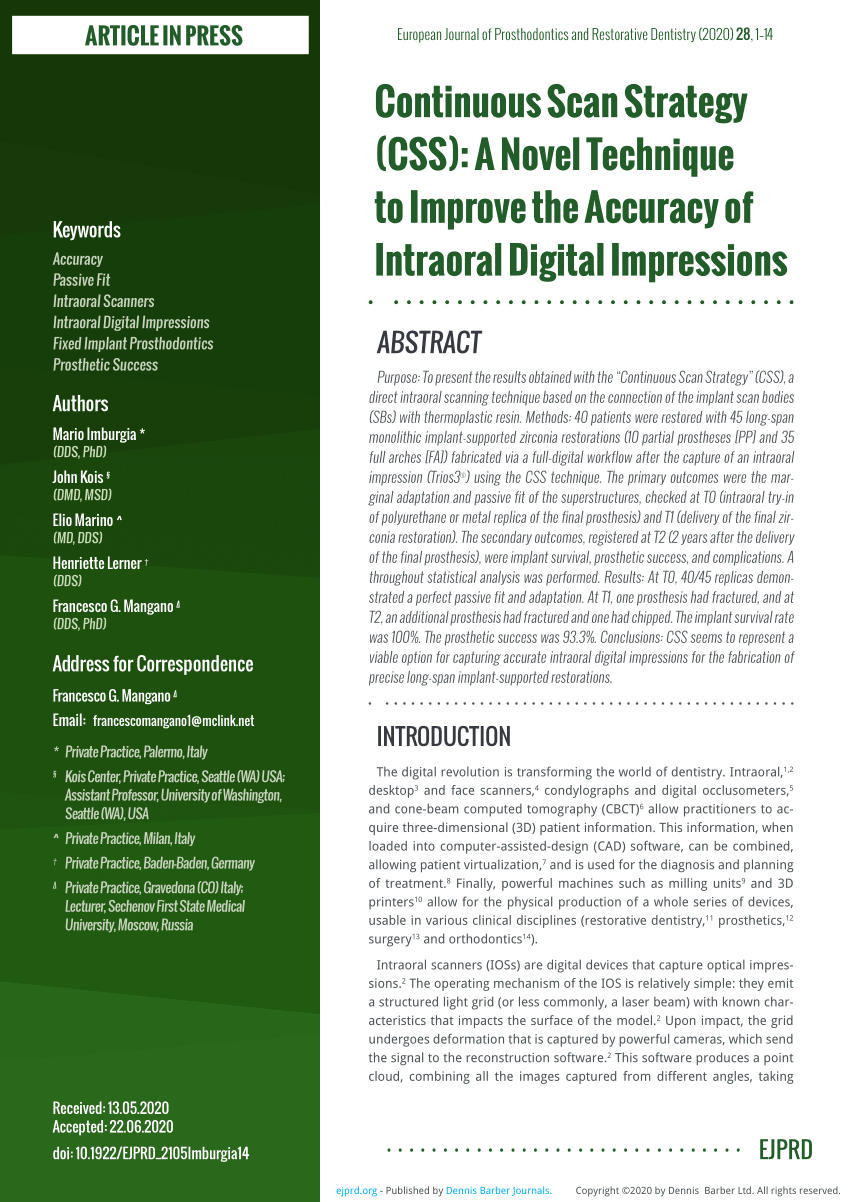 Pdf Continuous Scan Strategy Css A Novel Technique To Improve The Accuracy Of Intraoral Digital Impressions