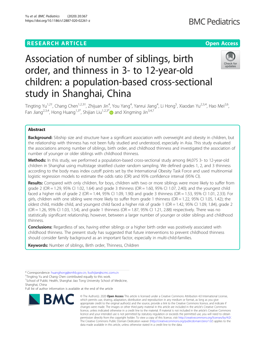 PDF) Association of number of siblings, birth order, and thinness in 3- to  12-year-old children: a population-based cross-sectional study in Shanghai,  China