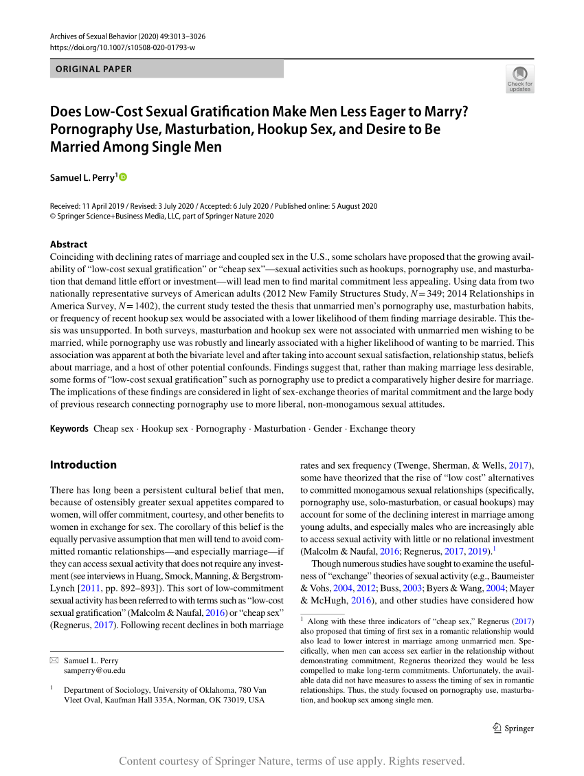 Does Low-Cost Sexual Gratification Make Men Less Eager to Marry? Pornography Use, Masturbation, Hookup Sex, and Desire to Be Married Among Single Men Request image
