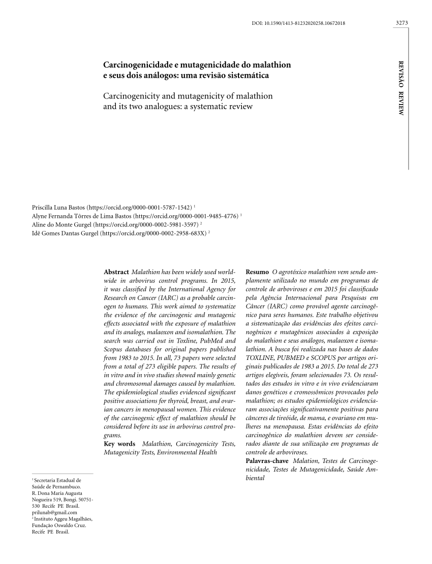 PDF Carcinogenicidade e mutagenicidade do malathion e seus dois  