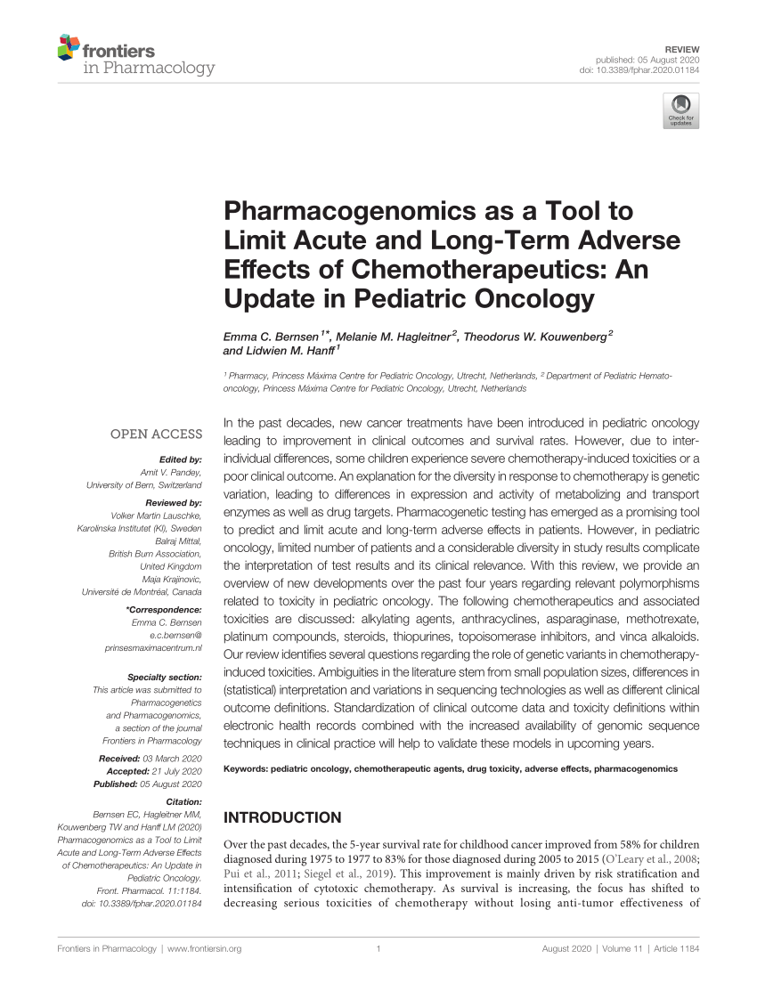 Frontiers  Pharmacogenetics of pediatric acute lymphoblastic leukemia in  Uruguay: adverse events related to induction phase drugs