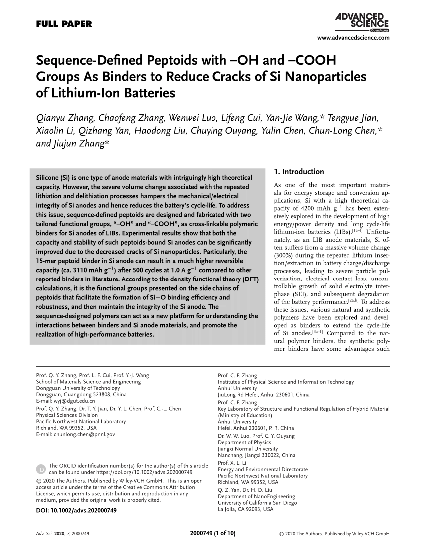 Pdf Sequence Defined Peptoids With Oh And Cooh Groups As Binders To Reduce Cracks Of Si Nanoparticles Of Lithium Ion Batteries