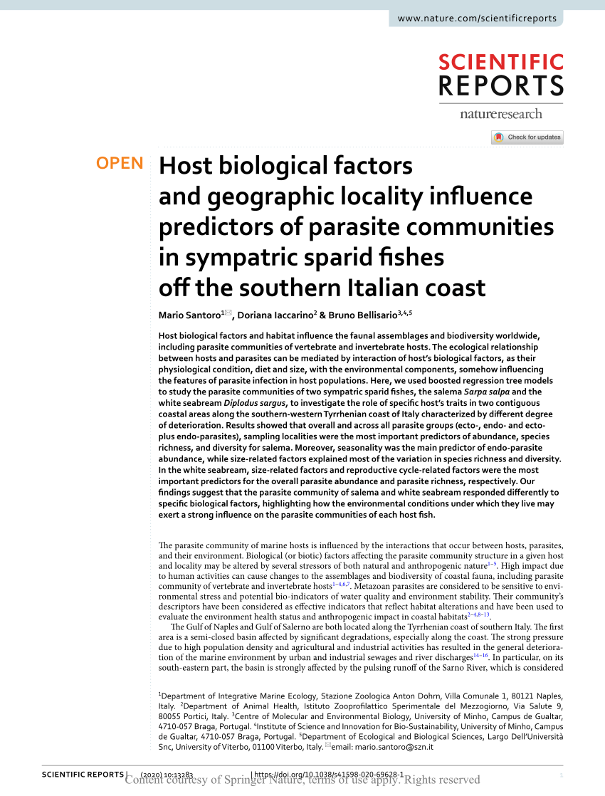 (PDF) Host biological factors and geographic locality influence predictors  of parasite communities in sympatric sparid fishes off the southern Italian  coast