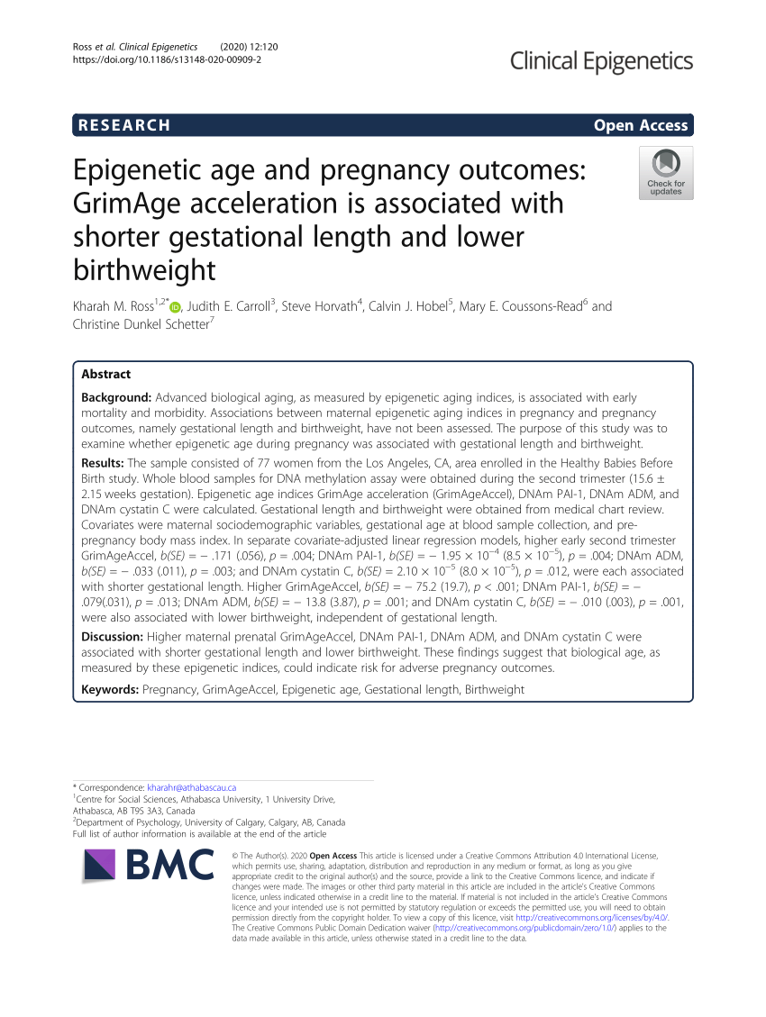 PDF) Epigenetic age and pregnancy outcomes GrimAge acceleration is associated with shorter gestational length and lower birthweight picture pic