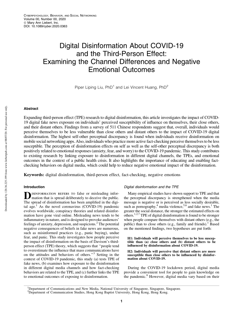 Pdf Digital Disinformation About Covid 19 And The Third Person Effect Examining The Channel Differences And Negative Emotional Outcomes