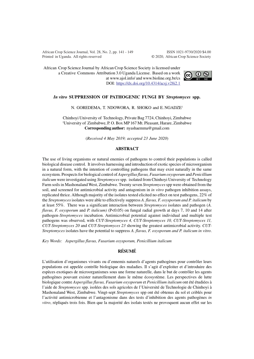 (PDF) In vitro suppression of pathogenic fungi by Streptomyces spp.