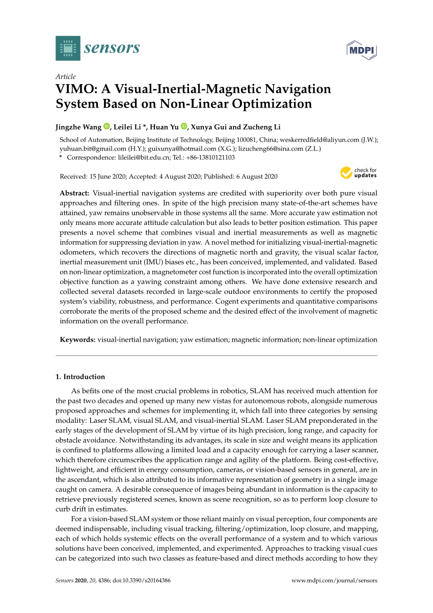 Pdf Vimo A Visual Inertial Magnetic Navigation System Based On Non Linear Optimization