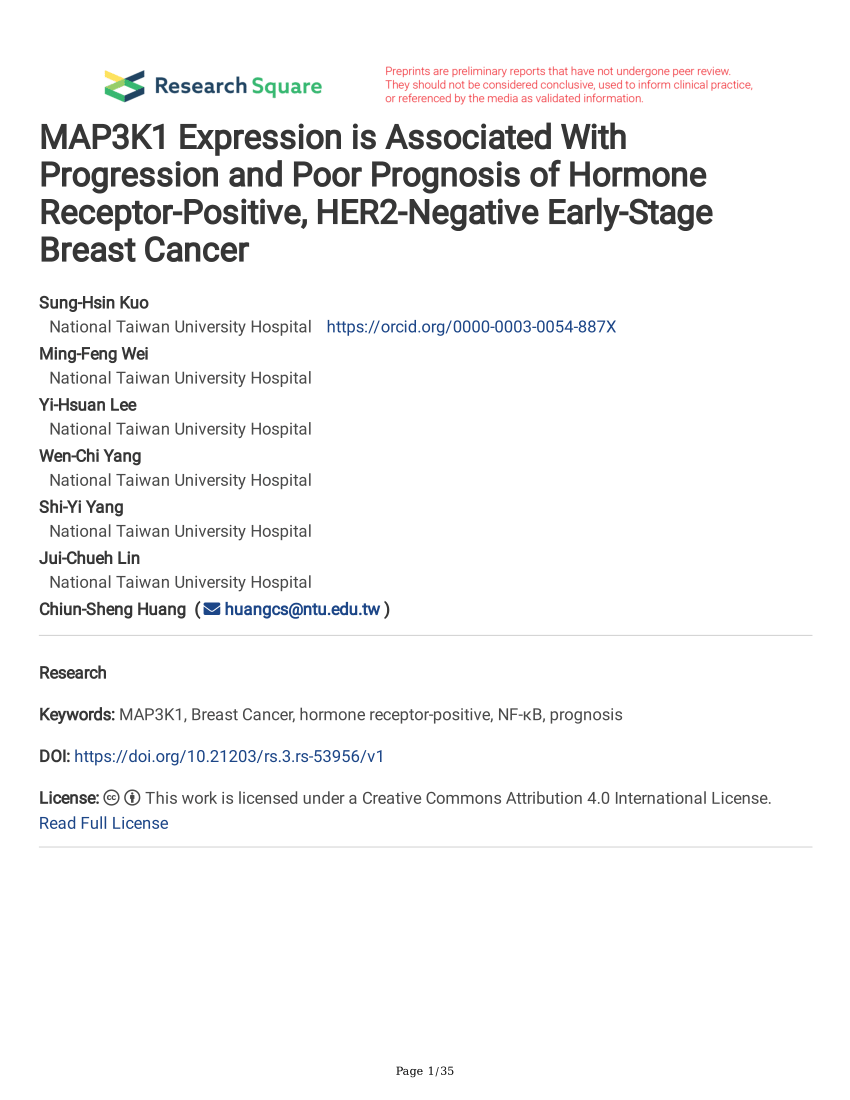 Pdf Map3k1 Expression Is Associated With Progression And Poor Prognosis Of Hormone Receptor 