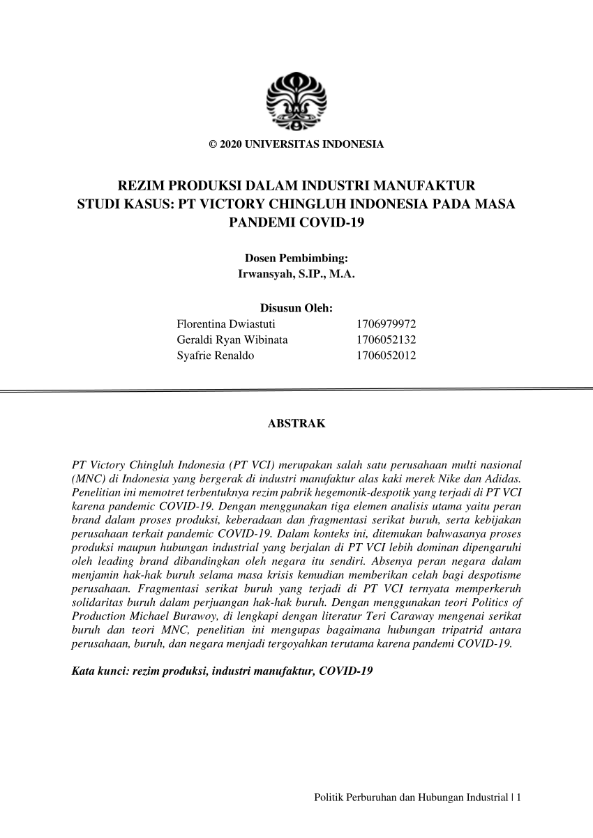 Pdf Rezim Produksi Dalam Industri Manufaktur Studi Kasus Pt Victory Chingluh Indonesia Pada Masa Pandemi Covid 19