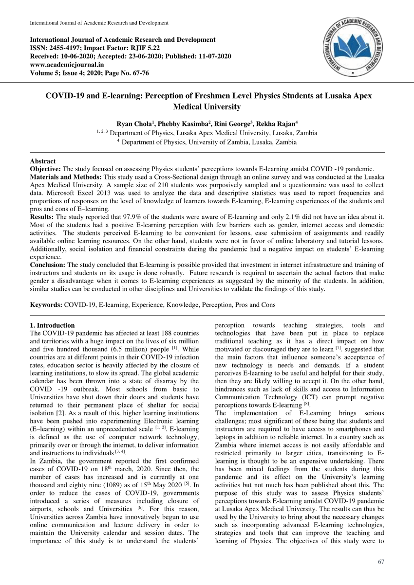 PDF) COVID-19 and E-learning: Perception of Freshmen Level Physics ...