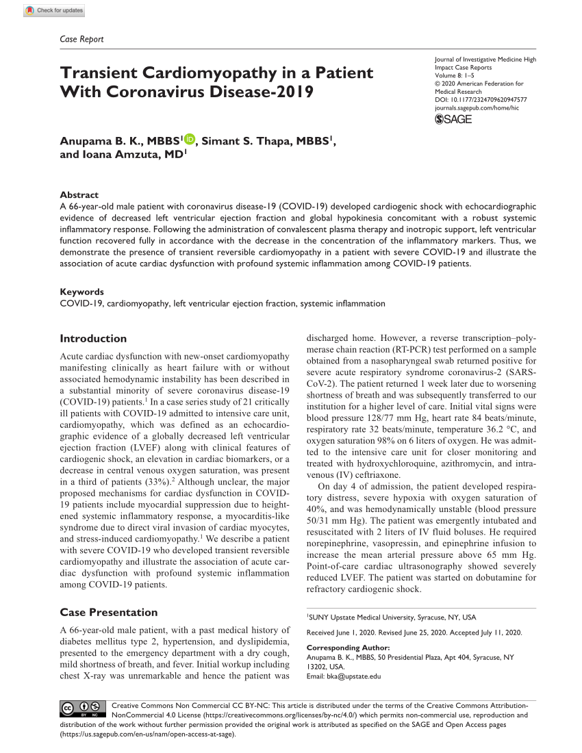 Transient Cardiomyopathy in a Patient With Coronavirus Disease-2019 - B. K.  Anupama, Simant S. Thapa, Ioana Amzuta, 2020