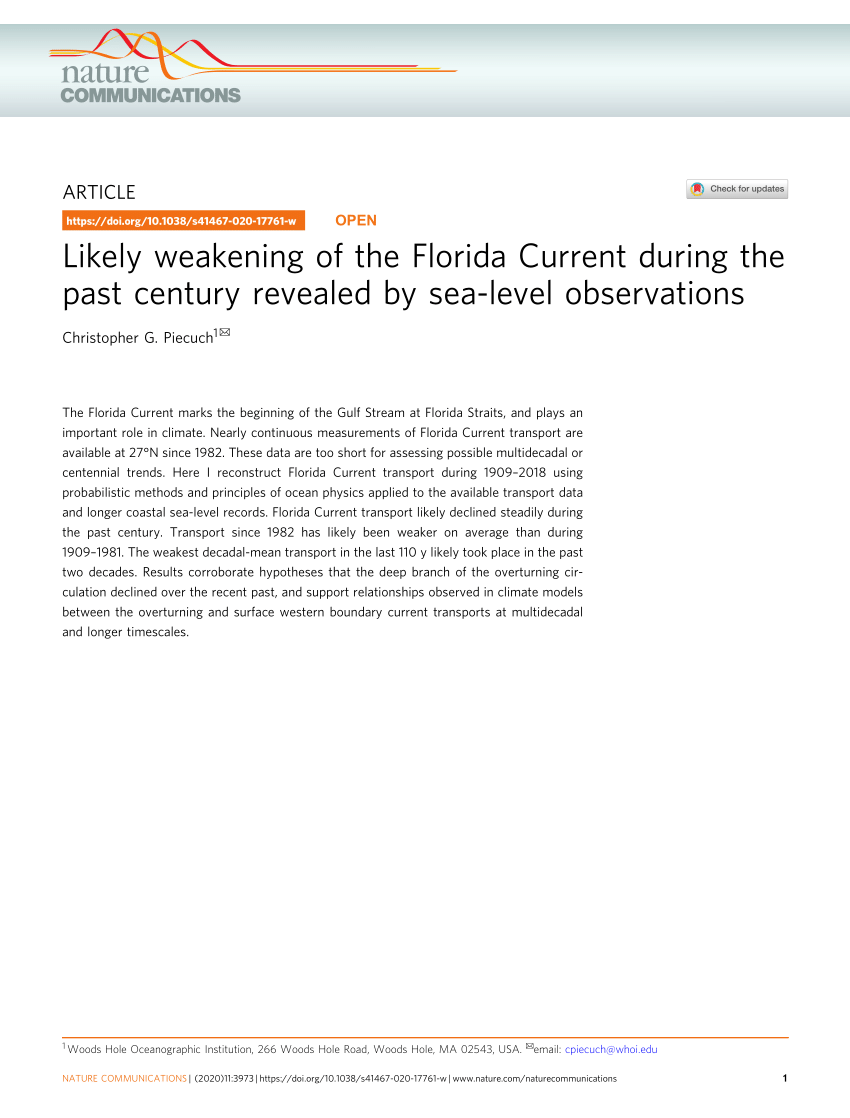 Pdf Likely Weakening Of The Florida Current During The Past Century