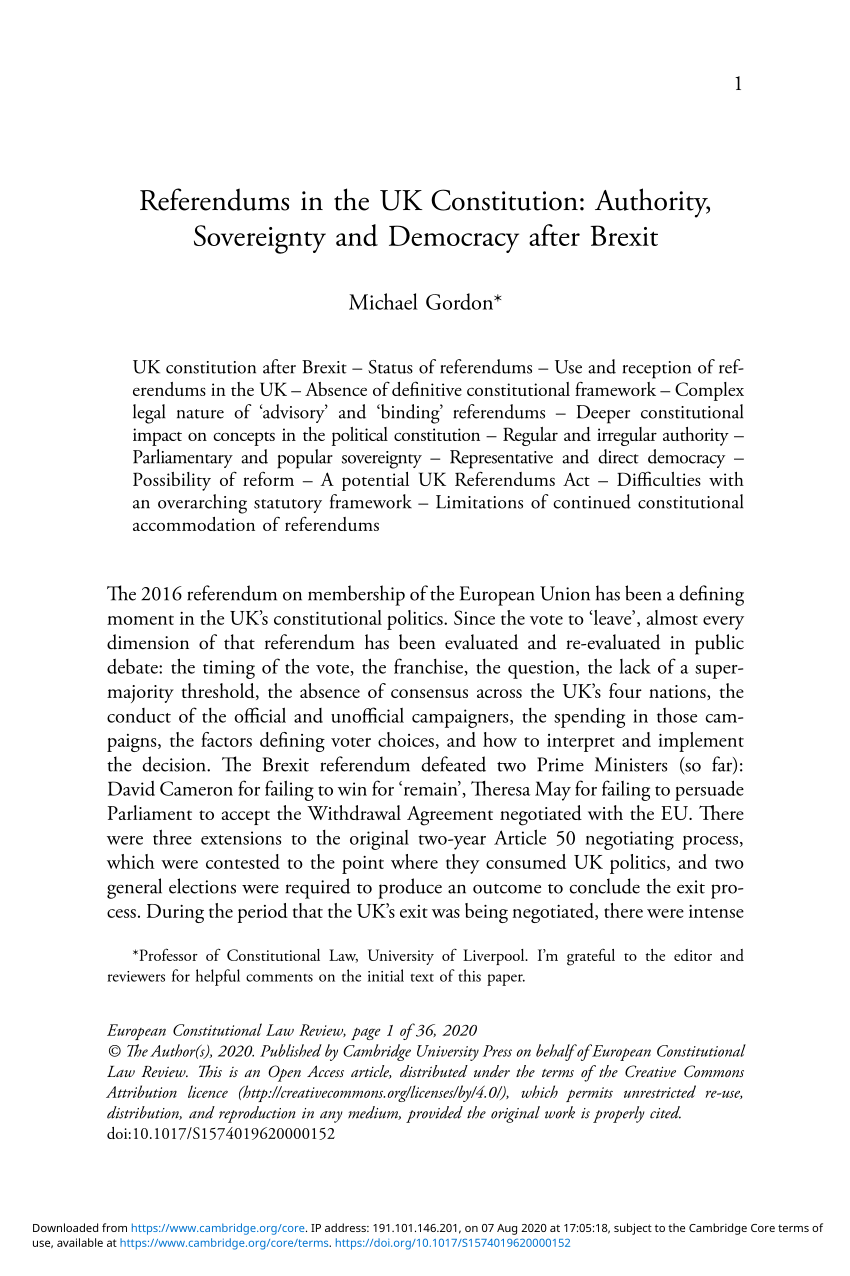 Pdf Referendums In The Uk Constitution Authority Sovereignty And Democracy After Brexit