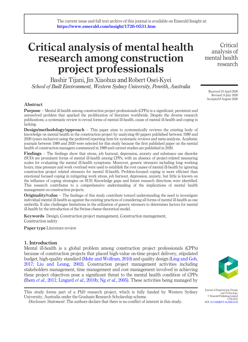 Pdf Critical Analysis Of Mental Health Research Among Construction Project Professionals