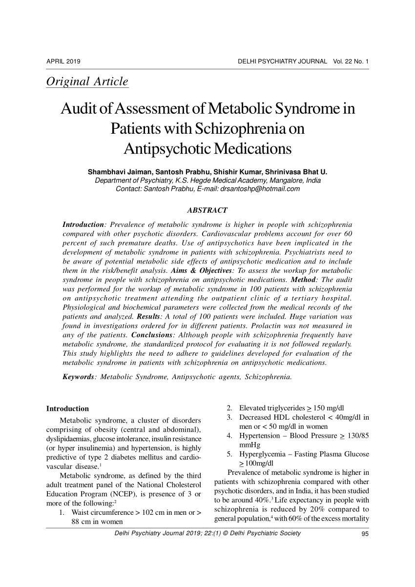 Pdf Audit Of Assessment Of Metabolic Syndrome In Patients With Schizophrenia On Antipsychotic