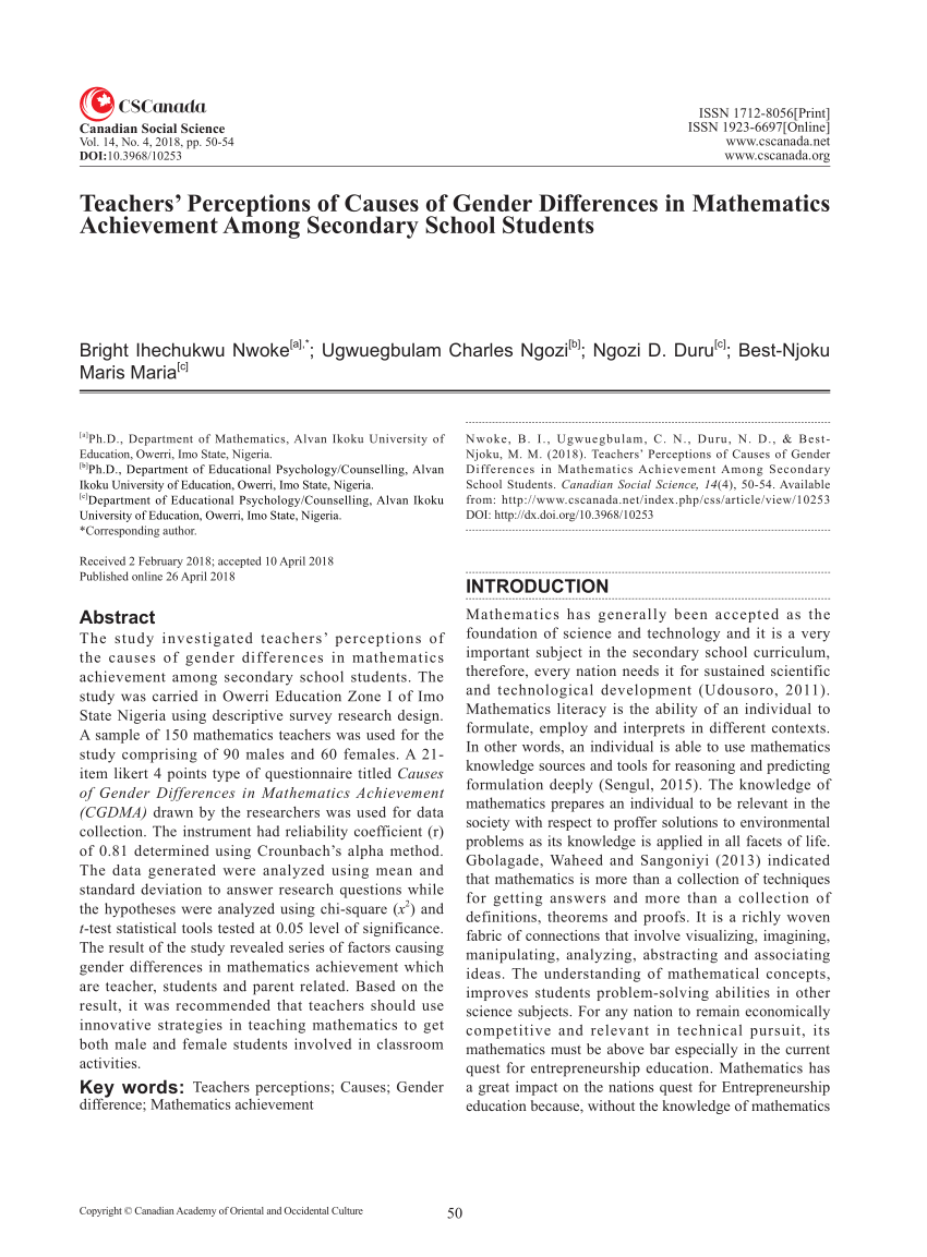 Pdf Teachers Perceptions Of Causes Of Gender Differences In Mathematics Achievement Among 7789