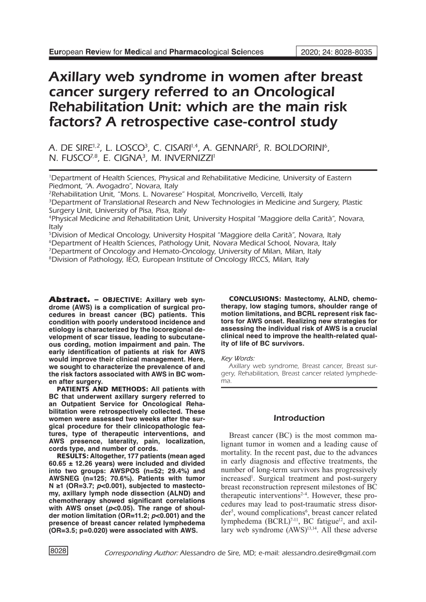 PDF) Axillary web syndrome in women after breast cancer surgery referred to  an Oncological Rehabilitation Unit: which are the main risk factors? A  retrospective case-control study