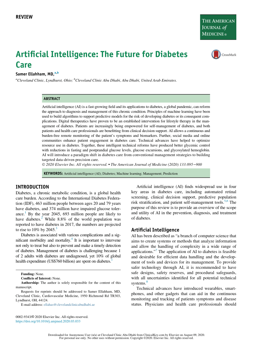 (PDF) Artificial Intelligence: The Future for Diabetes Care