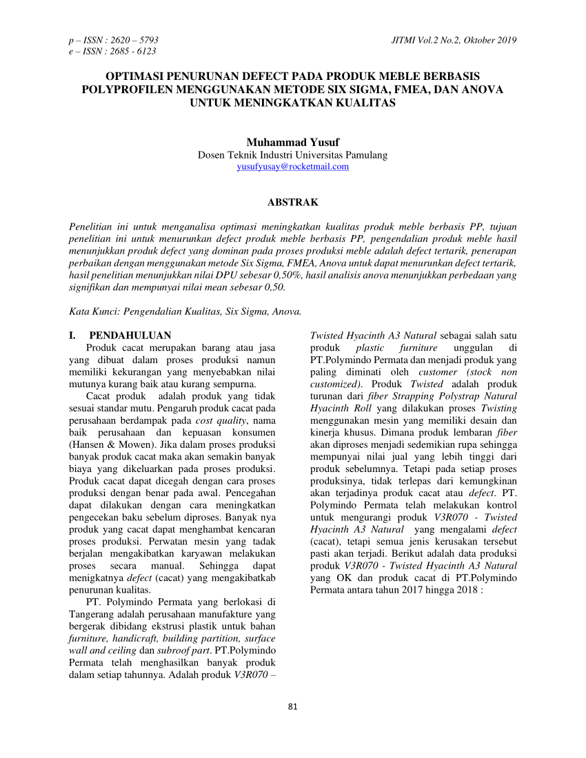 Pdf Optimasi Penurunan Defect Pada Produk Meble Berbasis Polyprofilen Menggunakan Metode Six 5956