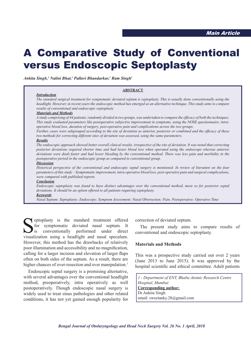 Pdf A Comparative Study Of Conventional Versus Endoscopic Septoplasty