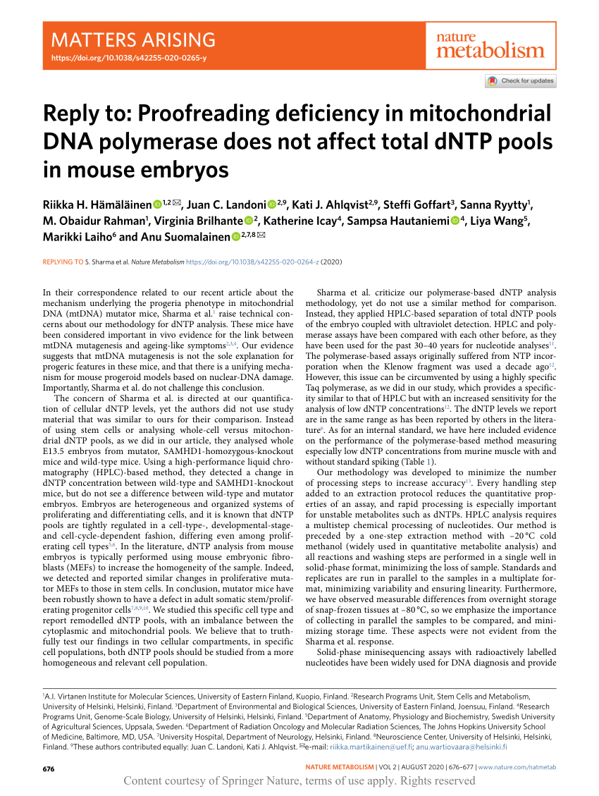 Reply to: Proofreading deficiency in mitochondrial DNA polymerase does not  affect total dNTP pools in mouse embryos | Request PDF