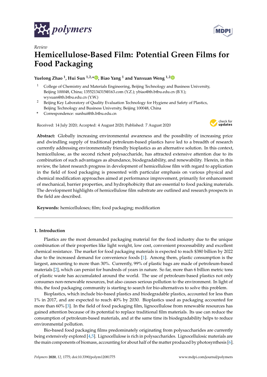 Pdf Hemicellulose Based Film Potential Green Films For Food Packaging
