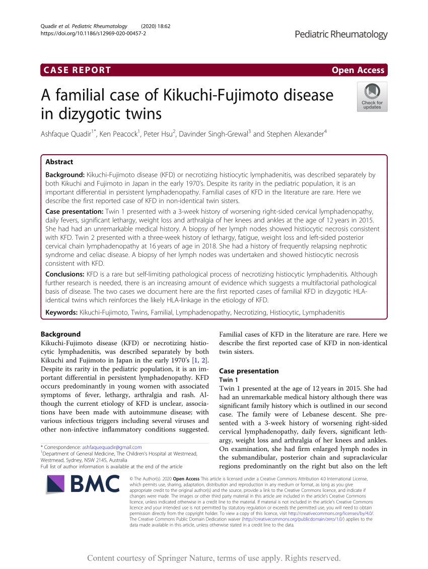 PDF) A familial case of Kikuchi-Fujimoto disease in