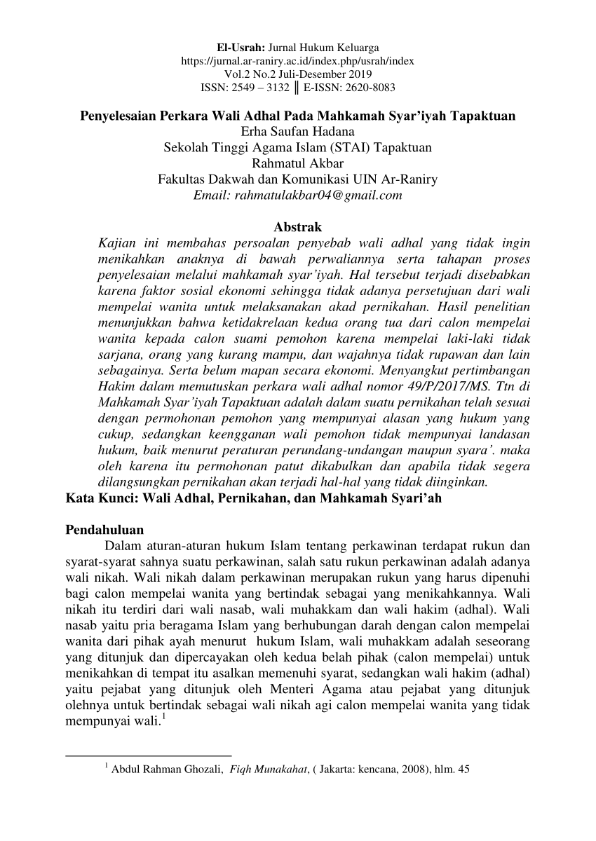 Pdf Penyelesaian Perkara Wali Adhal Pada Mahkamah Syar Iyah Tapaktuan