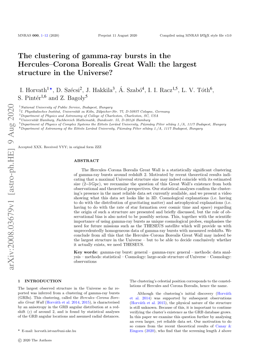 Pdf The Clustering Of Gamma Ray Bursts In The Hercules Corona Borealis Great Wall The Largest Structure In The Universe