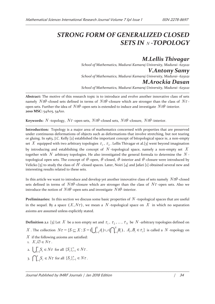 Pdf Strong Form Of Generalized Closed Sets In N Topology