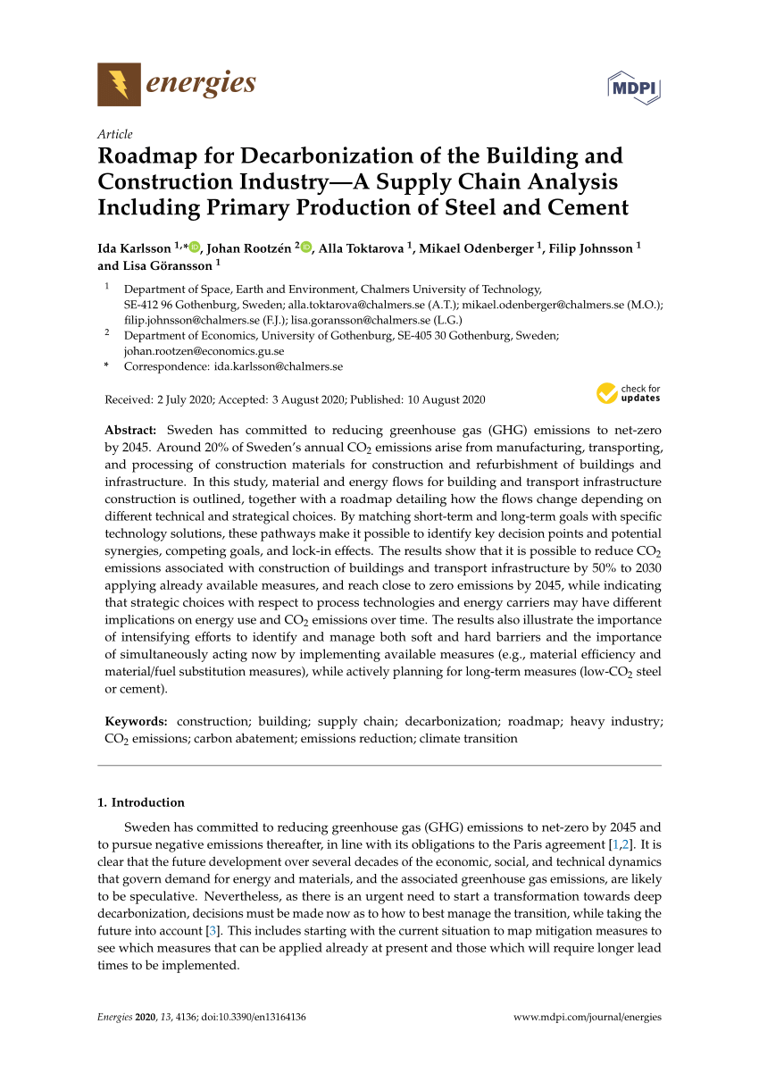 Pdf Roadmap For Decarbonization Of The Building And Construction Industry A Supply Chain Analysis Including Primary Production Of Steel And Cement