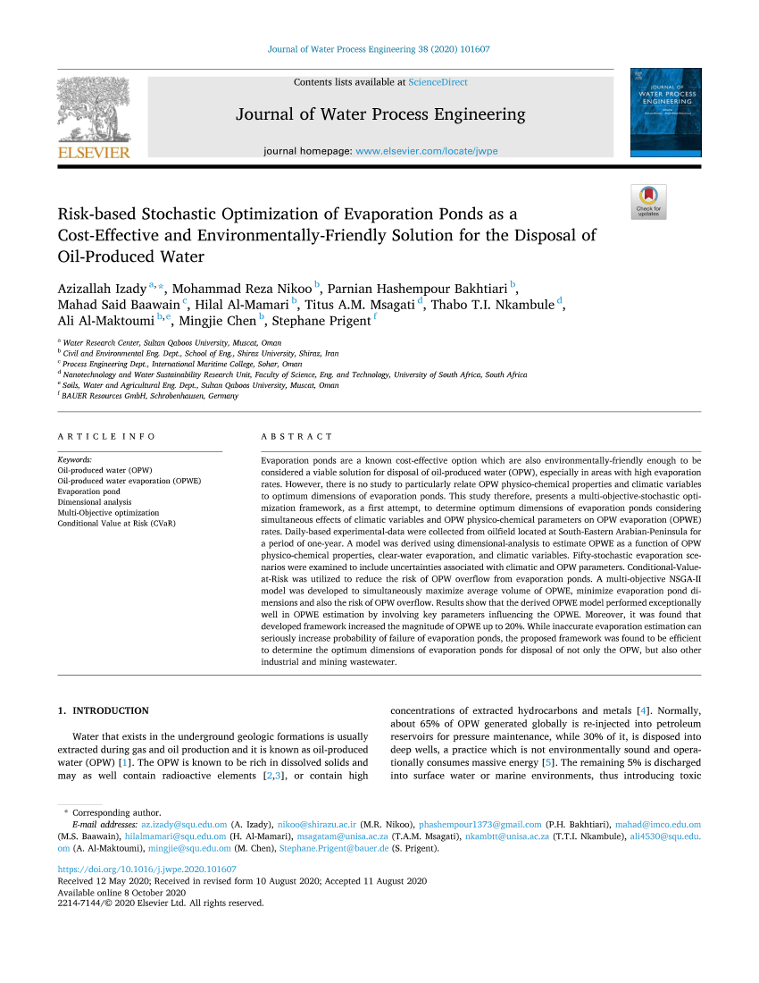 Pdf Risk Based Stochastic Optimization Of Evaporation Ponds As A Cost Effective And Environmentally Friendly Solution For The Disposal Of Oil Produced Water