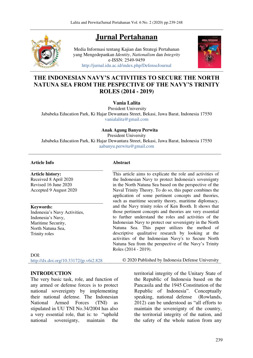 Pdf The Indonesian Navy S Activities To Secure The North Natuna Sea From The Pespective Of The Navy S Trinity Roles 2014 2019