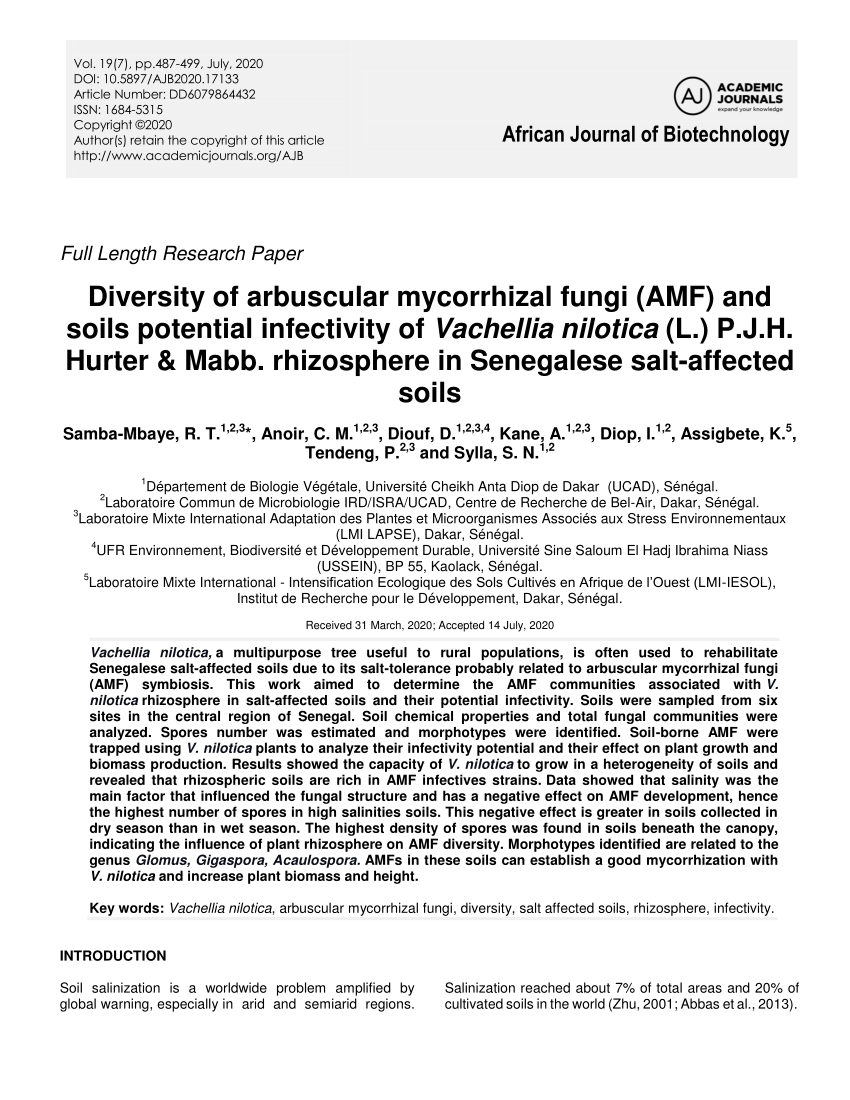 Pdf Diversity Of Arbuscular Mycorrhizal Fungi Amf And Soils Potential Infectivity Of Vachellia Nilotica L P J H Hurter Mabb Rhizosphere In Senegalese Salt Affected Soils