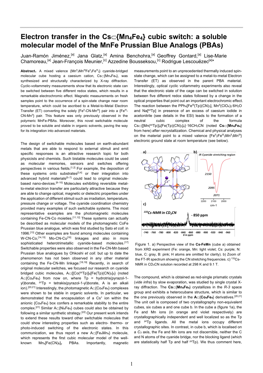 Pdf Thermo And Electro Switchable Cs Fe4 Fe4 Cubic Cage Spin Transition And Electrochromism