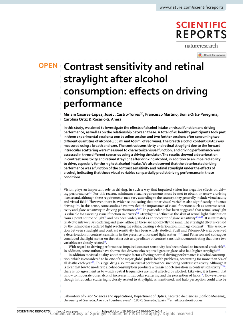 PDF) Contrast sensitivity and retinal straylight after alcohol consumption:  effects on driving performance