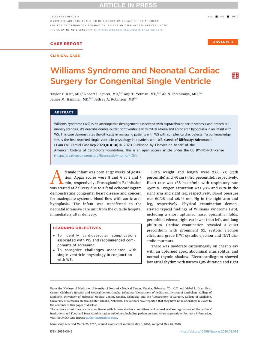 Pdf Williams Syndrome And Neonatal Cardiac Surgery For Congenital Single Ventricle