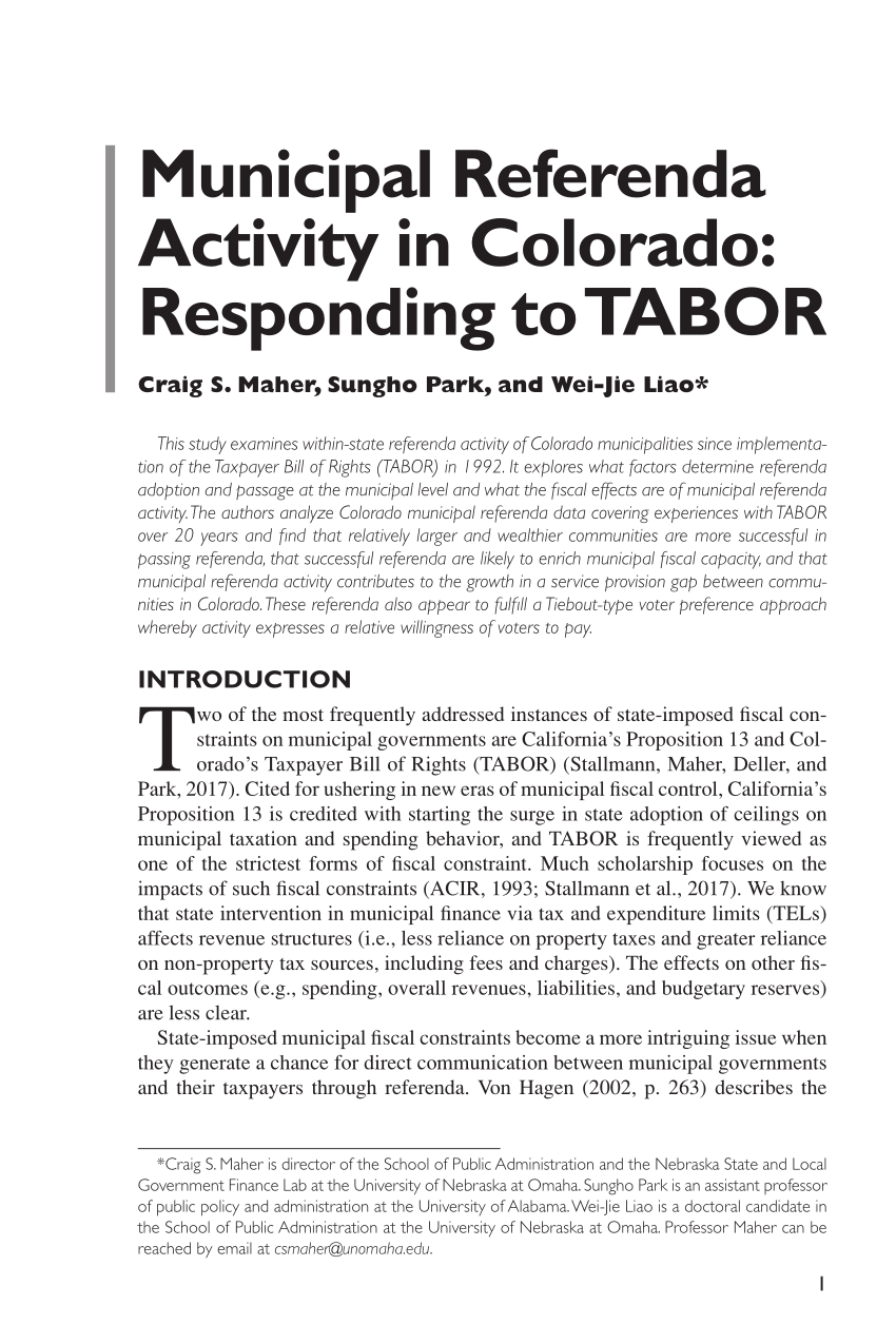 (PDF) Municipal Referenda Activity in Colorado Responding to TABOR