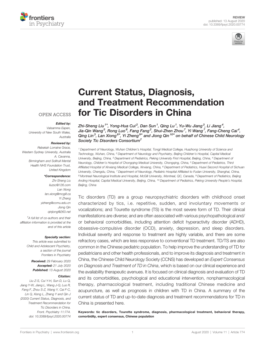 Pdf Current Status Diagnosis And Treatment Recommendation For Tic Disorders In China