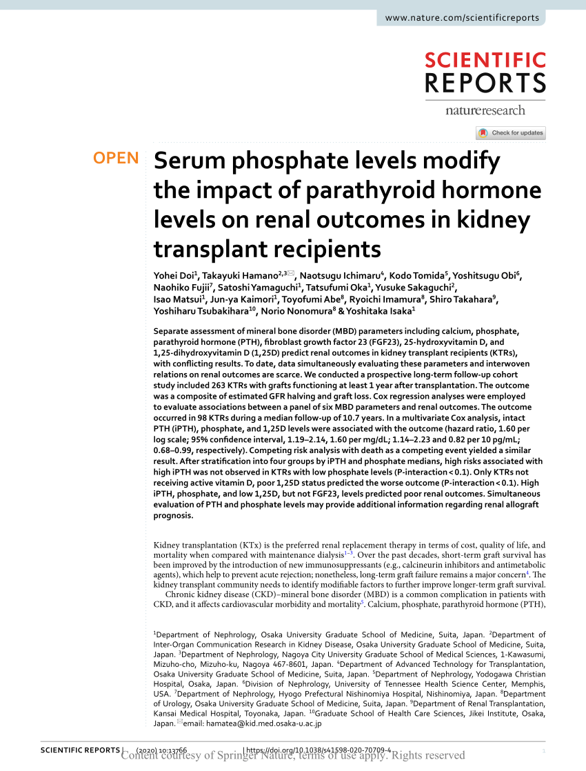 Pdf Serum Phosphate Levels Modify The Impact Of Parathyroid Hormone Levels On Renal Outcomes In Kidney Transplant Recipients