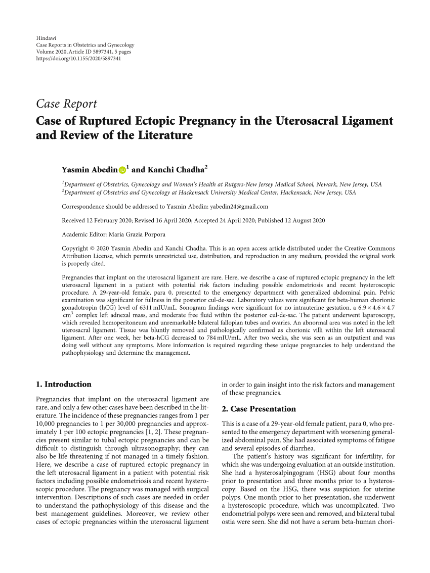 Pdf Case Of Ruptured Ectopic Pregnancy In The Uterosacral Ligament