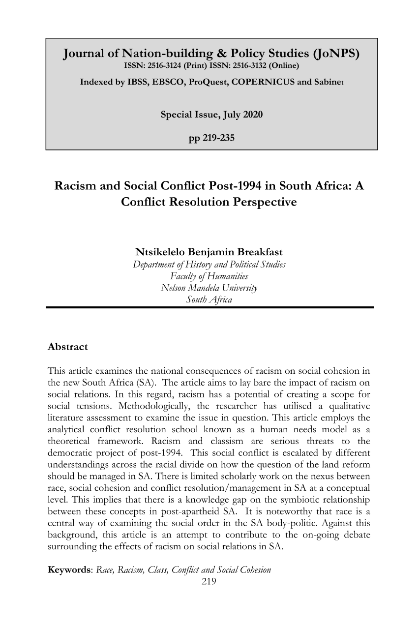 (PDF) Racism and Social Conflict Post1994 in South Africa A Conflict