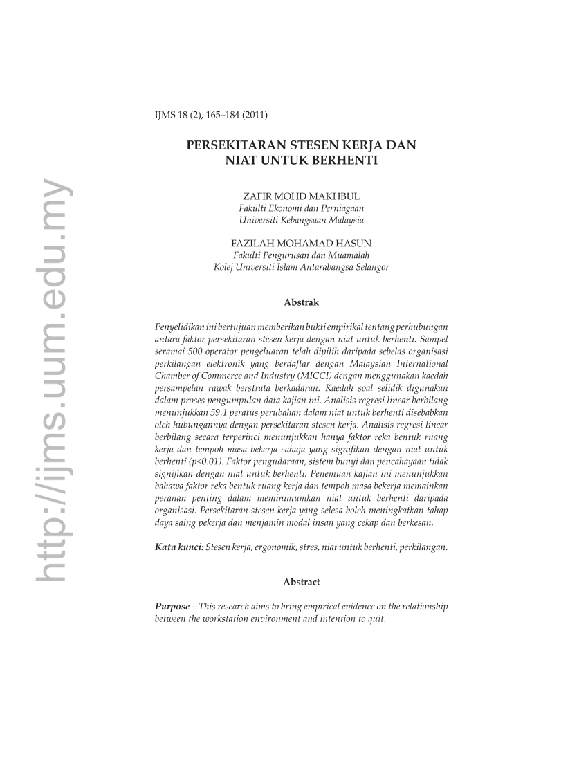 Pdf Persekitaran Stesen Kerja Dan Niat Untuk Berhenti