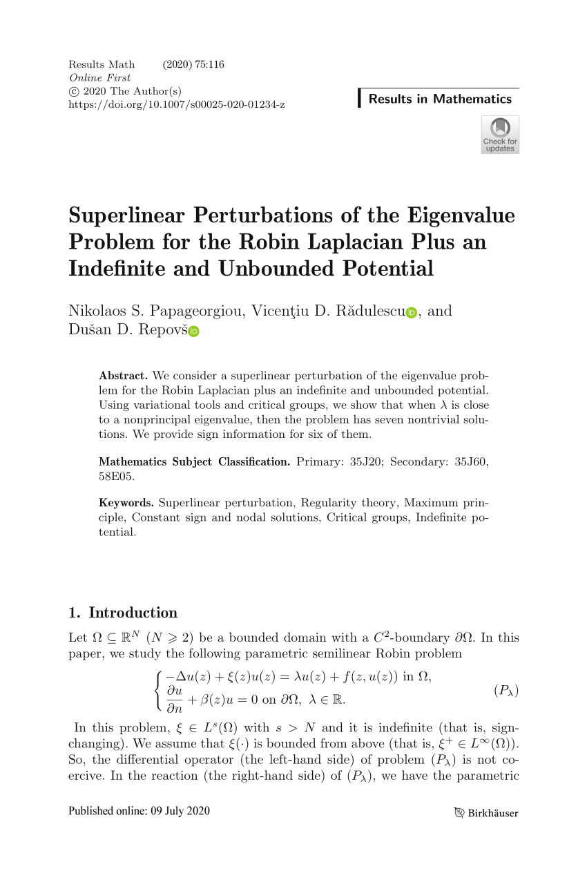 Pdf Superlinear Perturbations Of The Eigenvalue Problem For The Robin Laplacian Plus An Indefinite And Unbounded Potential