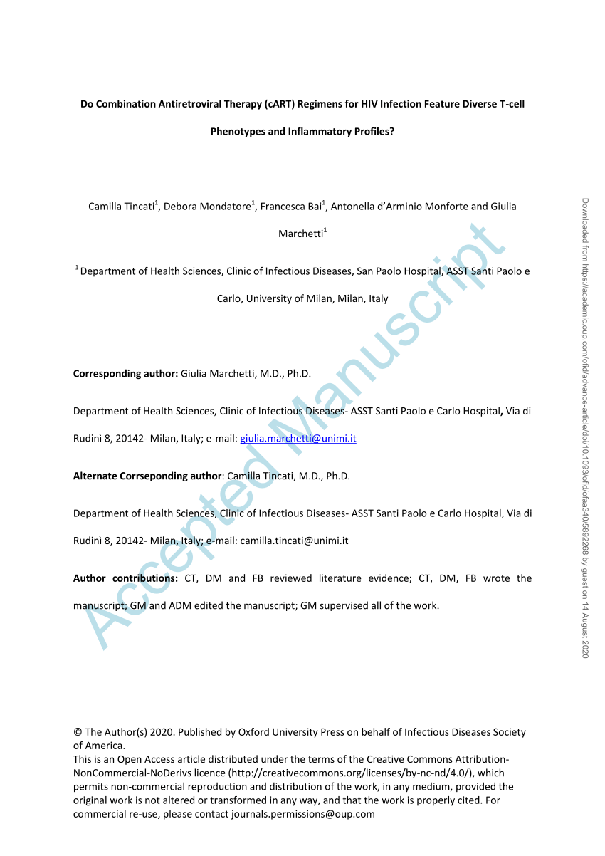 Pdf Do Combination Antiretroviral Therapy Cart Regimens For Hiv Infection Feature Diverse T Cell Phenotypes And Inflammatory Profiles