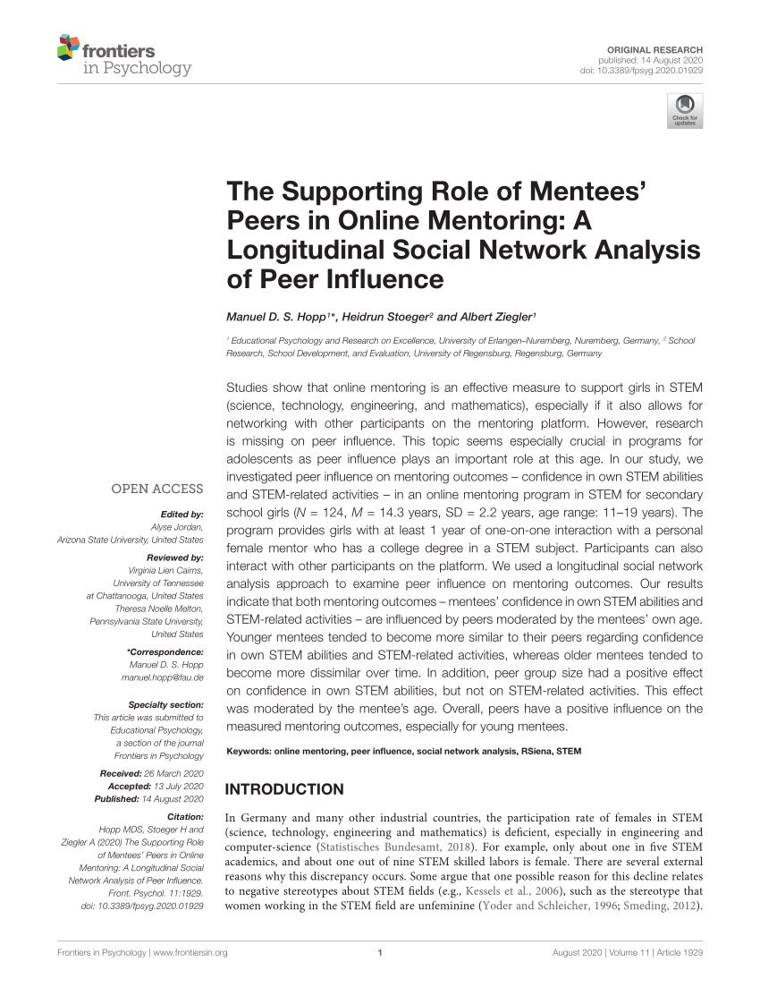 Pdf The Supporting Role Of Mentees Peers In Online Mentoring A Longitudinal Social Network Analysis Of Peer Influence