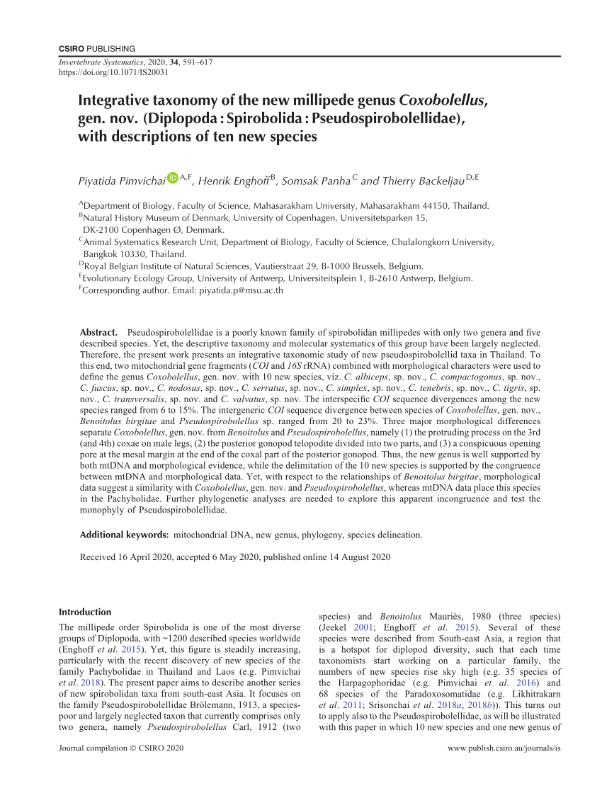 Pdf Integrative Taxonomy Of The New Millipede Genus Coxobolellus Gen Nov Diplopoda Spirobolida Pseudospirobolellidae With Descriptions Of Ten New Species