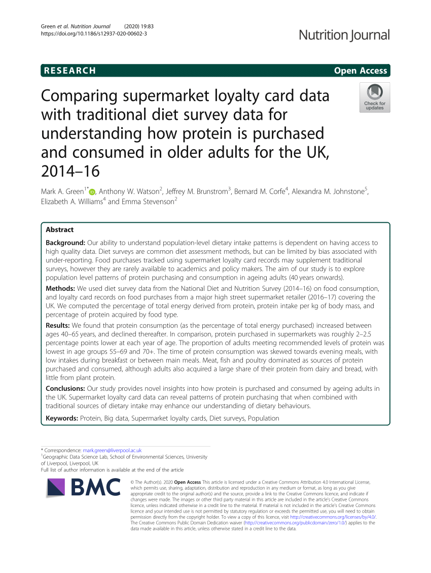 PDF) Comparing supermarket loyalty card data with traditional diet survey data for understanding how protein is purchased and consumed in older adults for the UK, 2014–16