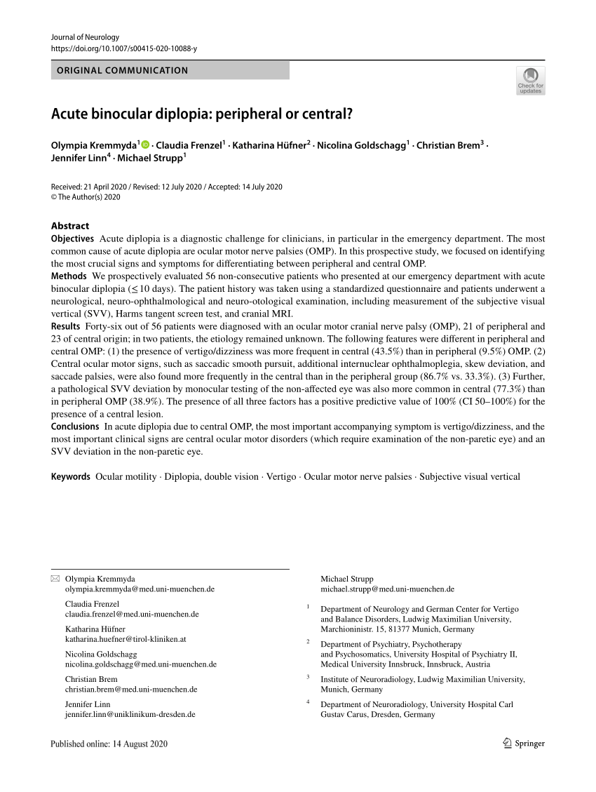 (PDF) Acute binocular diplopia peripheral or central?